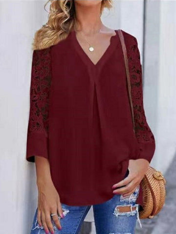 Woochic blouse dentelle v-cou 3/4 manches trompette femme élégant chemisier Bordeaux S